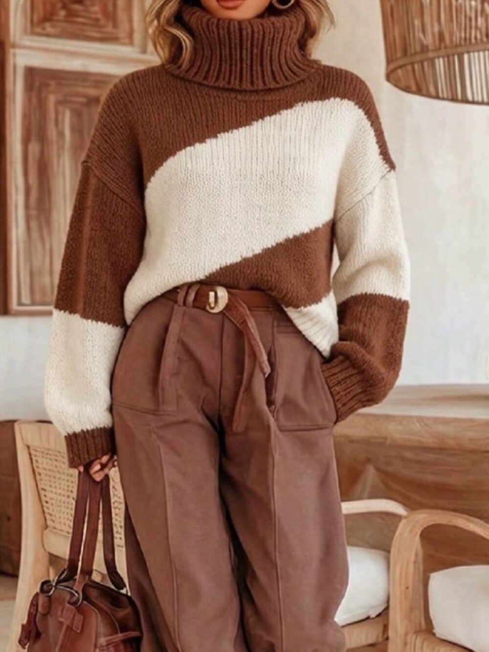 White Casual Women's Colorblock High Neck Dropped Shoulder Sweater